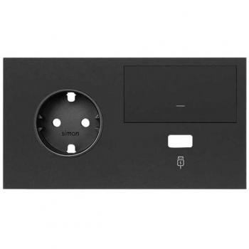 Kit frontal 2 elementos con 1 enchufe schuko, 1 tecla y 1 cargador USB negro mate