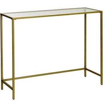 VASAGLE Mesa de Consola, Mesa de Entrada, Extremo del Sofá, Tablero de Vidrio Templado, Marco de Metal, Patas Ajustables, para Salón, Entrada, Pasillo, Dorado LGT26G