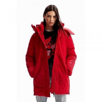 Hooded Zip-Up Puffer Jacket for Women - Desigual Tulip Red