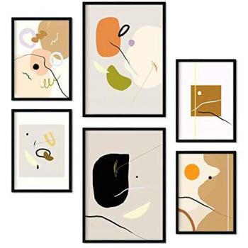 Set de 6 Pósters Minimalistas con Estética Collage para Decoración de Interiores en Tamaños A3 y A4, con Marco Negro