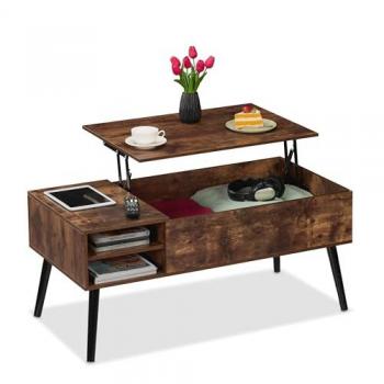 Mesa Centro Elevable Industrial con Almacenaje, 2 Compartimentos, 46x100x50cm, Marrón - Relaxdays