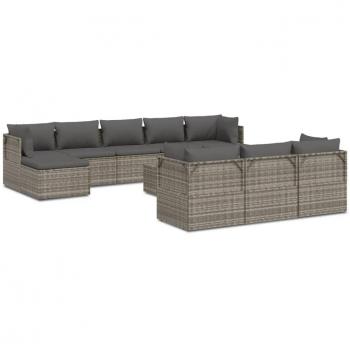 11 Piece Gray Poly Rattan Garden Lounge Set with Cushions