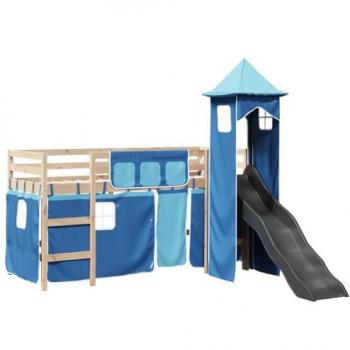 Cama alta para niños con torre de madera de pino azul 90x190 cm