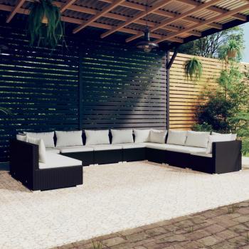 10-Piece Black Poly Rattan Garden Lounge Set with Cushions