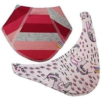 JOHA - Bébé Fille Foulard Tissu triangulaire Bavoir BELIZE Ensemble de 2 Pièces - coton - laine Mérinos dans rose - Licorne et rayé, 33x14 cm