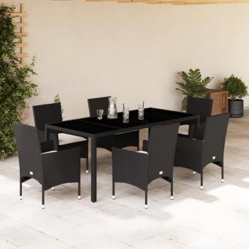 Set de almuerzo de jardín 7 piezas negro con cojines de acacia de Polyrattan, incluye mesa y sillas, estructura de ratán sintético, superficie de vidrio negro, cojines acolchados para mayor comodidad