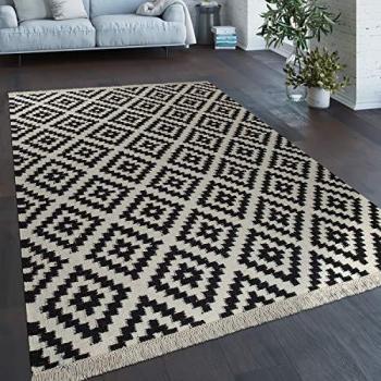 Alfombra Tejida A Mano De Moda Marruecos Azul Blanco 160x230 cm con flecos, diseño marroquí moderno