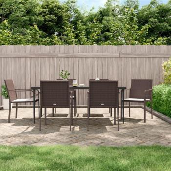 7-Piece Outdoor Dining Set with Cushions in Poly Rattan and Steel
