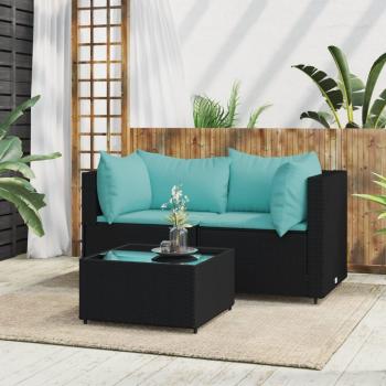 Sofá de jardín de 3 piezas con almohadas negras en Polyrattan, set de muebles de jardín, ratán sintético negro
