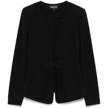Emporio Armani Women's Black Jersey V-Neck Blazer Jacket with Appliqué, Size 42