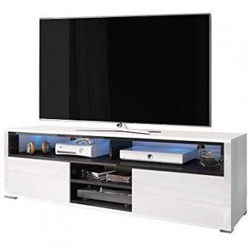 Mueble TV Mario 140 cm Blanco Mate/Negro Brillante con LED, 4 Nichos Abiertos y 2 Compartimentos Cerrados