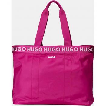 Bolso tipo shopper HUGO realizado en poliéster reciclado con logo impreso en color negro, modelo Stripe Logo rosa para mujer