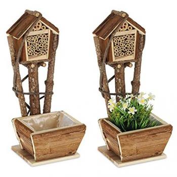 Hotel para Abejas con Maceta, Set de 2, Nido para Insectos de Madera Natural, Casa Refugio para Jardín y Balcón