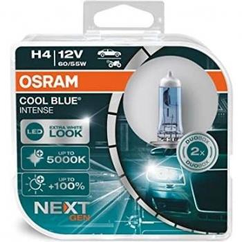 OSRAM COOL BLUE INTENSE H4, +100% más de brillo, hasta 5000 K, lámpara de faro halógena, aspecto LED, caja dúo
