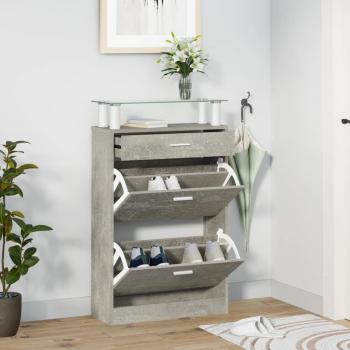 Mueble zapatero con un cajón y estante superior de vidrio, color blanco brillante, gris hormigón y gris sonoma, dimensiones 63x24x104 cm, material madera contrachapada