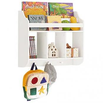 SoBuy KMB46-W Librería Infantil de Pared Estantería para niños de 2 Niveles 3 Compartimentos y 3 Ganchos 60 x 18 x 51 cm