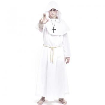 Disfraz de Monje Blanco para Hombre - Incluye túnica larga blanca, capucha ajustable, cinturón negro y tejido suave. Ideal para fiestas temáticas, Halloween y representaciones teatrales. Tallas disponibles: S, M,