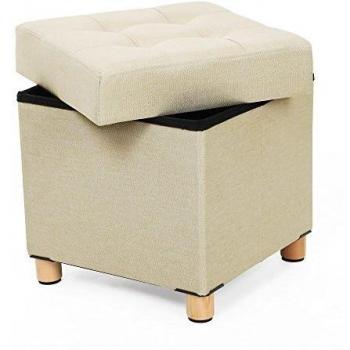 SONGMICS Puff Baúl Plegable Cuadrado Taburete de Almacenamiento Tapizado en Esponja con Patas de Madera Maciza Tapa Beige LSF14BE