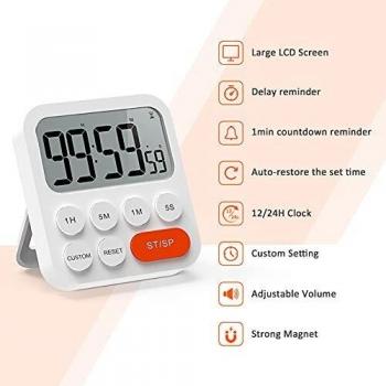 LIORQUE Temporizador de Cocina Digital Temporizador Multifunción con Función de Reloj, Ajuste Rapido, 3 Niveles de Volumen, Respaldo Magnético, Soporte Plegable