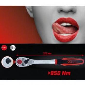 Carraca reversible industrial KS TOOLS 1/2'' conmutable, 100 dientes, torque de 65Nm, longitud de 275mm, fabricada en acero cromo-vanadio, peso de 567g