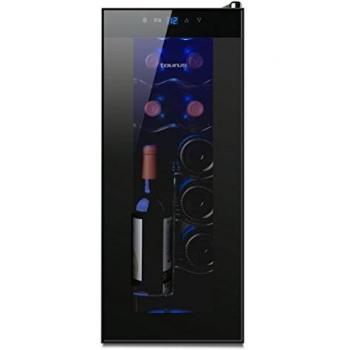 Vinoteca Taurus PTWC-12 Termoeléctrica - Capacidad para 12 Botellas, 65W, Rango de Temperatura 8-18ºC, Puerta de Cristal, Iluminación Interior Azul