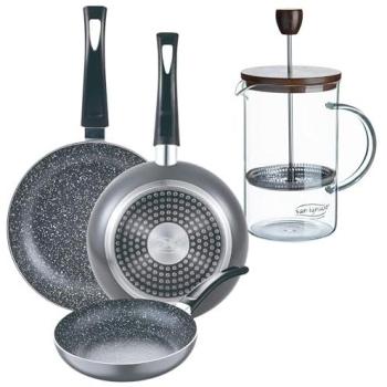 Set de 3 Sartenes San Ignacio (16+20+24cm) Aluminio Prensado Inducción Negra + Cafetera de Émbolo de Vidrio Borosilicato 15,8x10x18,