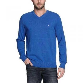 Tommy Hilfiger - Jersey de punto de manga larga con cuello pico para hombre, color vence blue 422, talla 54