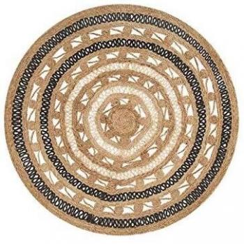 Alfombra Redonda de Yute Beige con Trenzado Negro Ø140 cm Estilo Boho Rústico para Dormitorio y Salón Goyne