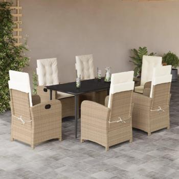 7-Piece Beige Poly Rattan Garden Dining Set with Cushions