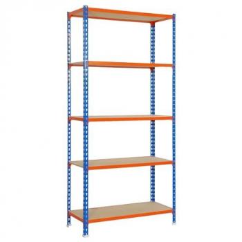 Estantería Metálica MADERCLICK SUPERPLUS 5 Estantes de Madera, Azul/Naranja, 2000x1100x300 mm, Capacidad 200 kg