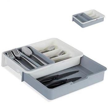 Bandeja para Cubiertos Extensible, 7 Compartimentos para Utensilios de Cocina, 6x23.5x31.5 cm, Gris - Relaxdays