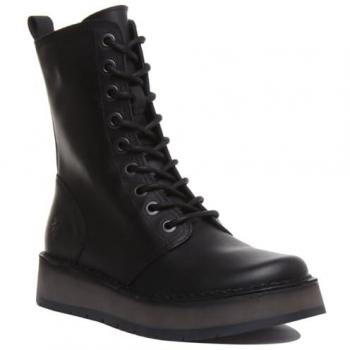 Fly London Rami Black Leather Lace-Up Ankle Boots