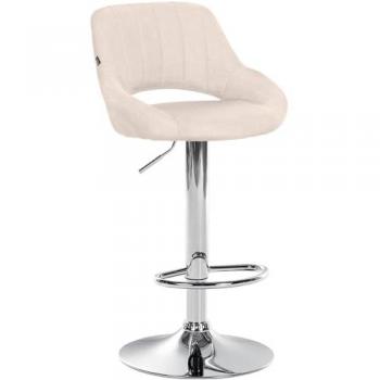 Taburete de bar regulable y giratorio en tela crema con base metálica cromada