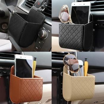 Caja de Basura Universal para Coche con Soporte para Teléfono Móvil en Cuero PU, Salida Automática, Beige