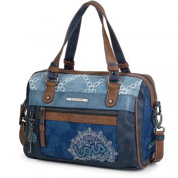 Lois - Bolso de Mujer Tipo Bowling con Doble Asa y Bandolera Ajustable. Cierre Cremallera, 2 Bolsillos Exteriores. Lona Denim y Piel sintética - Polipiel. Llavero 301565, Color Azul