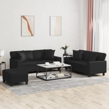 Juego de sofás 3 PCs con almohadas negro en cuero sintético