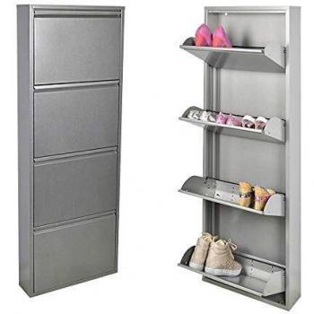 Zapatero Slim Gris de 4 Puertas, Ahorra Espacio, Capacidad para 8-12 Pares, Sin Montaje, Metal Garantizado 15 Años