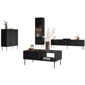 Conjunto de salón Charlotte Y108, Negro, Aglomerado Laminado y MDF, con Mesa de TV y Vidrio Templado, Partes Separadas