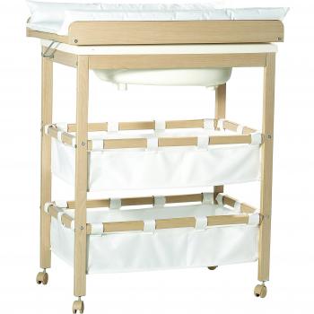 roba-kids - Combinacion bañera cambiador roba 'Baby Pool', bañera con cambiador encima plegable, en madera natural, colchoneta del cambiador en blanco, 99x78x46.5 cm