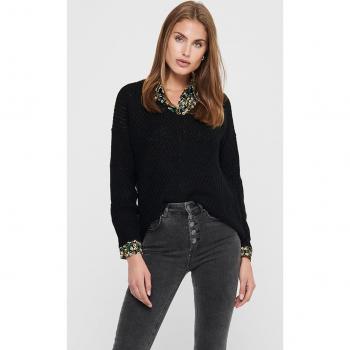 Jersey Megan Negro de Mujer con Manga Larga y Cuello en Pico