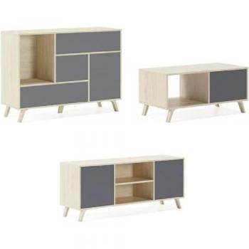 Conjunto Wind - Muebles de Salón y Comedor en Melamina de Alta Calidad, Estilo Escandinavo, Acabado Bi-Color Roble y Gris - Incluye Buffet, Mueble TV y Mesa de Centro