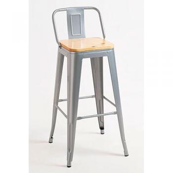 Pack 4 Taburetes Altos Torix con Respaldo en Madera Natural y Acabado Gris Metalizado, Fabricados en Acero Reforzado