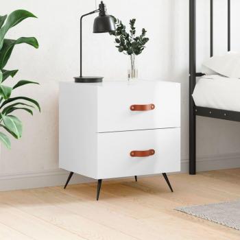 Mesita de noche de madera de ingeniería 40x35x47,5 cm en color blanco brillante y negro, ideal para habitación, dormitorio, salón o estudio, también utilizada como mesa auxiliar