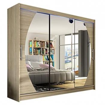 Armario Atlanta 130 con Espejo y LED, Correderas, Roble Sonoma, 250 x 215 x 58 cm, 9 Estantes