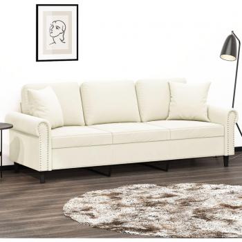 Sofá de 3 Plazas con Cojines Decorativos en Terciopelo Color Crema, 180 cm
