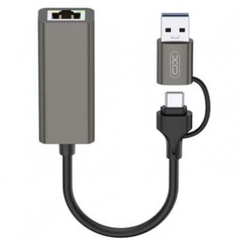 Adaptador de Red XO HUB018 RJ45 a USB 3.0 y USB-C, Conexión Ethernet 10-100 Mbps, Plug Play, Color Gris