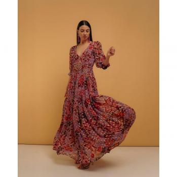 Vestido Niza Largo Escote Pico Lurex Oro Estampado Floral
