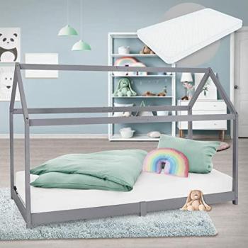 Cama infantil de madera de pino gris claro 90x200 cm con colchón hipoalergénico y somier, diseño casa para niños