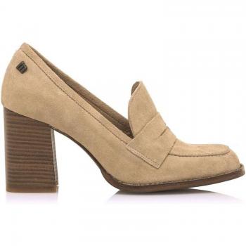 Mustang Mocasines de Tacón Violette Beige para Mujer - Piel Serraje, Altura Tacón 5cm, Sin Cierre, Punta Redonda