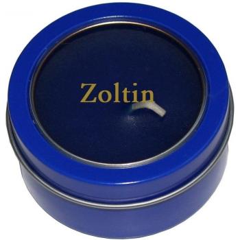 Candela en caja de metal con tapadera plástica con nombre grabado: Zoltin